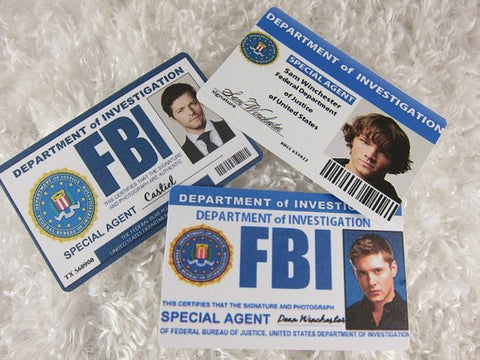 Set of 6, Supernatural Inspired FBI card, Sam, Dean, Castiel - Badge - Supernatural-Sickness