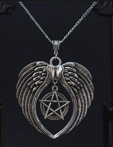 Necklace - Silver Pentagram With Angel Wings Necklace (Free Shipping)