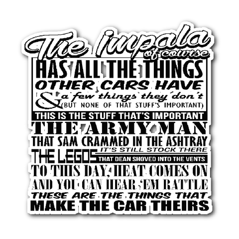 The Impala Has All The Things - Sticker - Stickers - Supernatural-Sickness